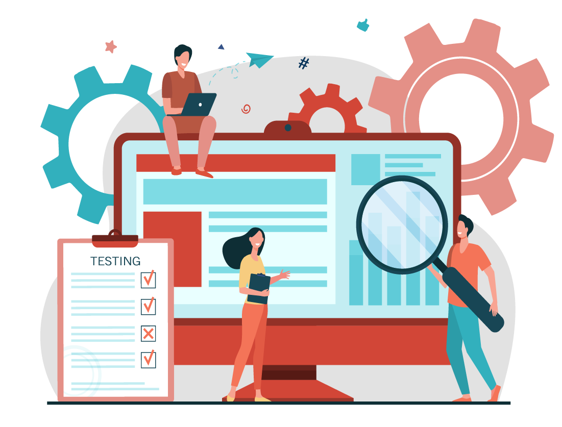 Illustration of a team analyzing data on a large screen with gears and a checklist