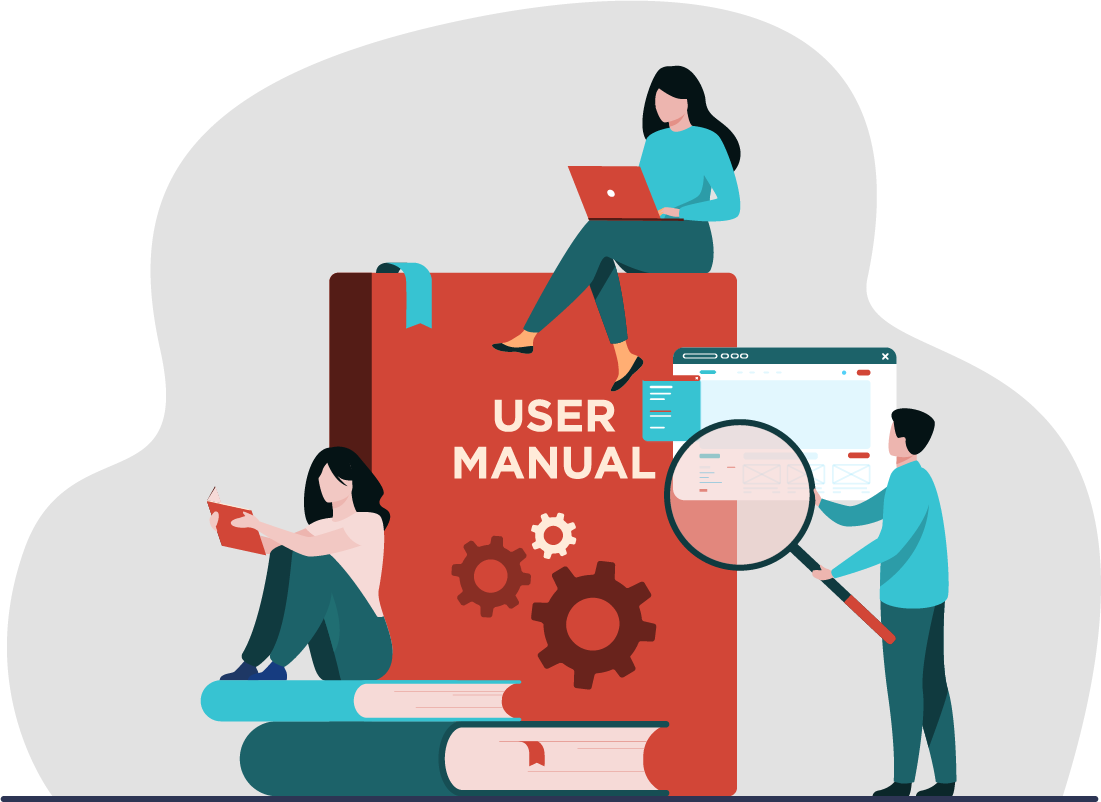 Illustration of people working with a large 'User Manual' and a screen.